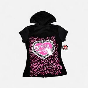 Deadstock Vintage y2k Paper Doll short sleeve black pink cheetah zip hood top
